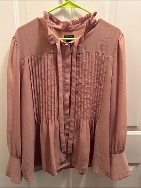 Ann Taylor Light Brown Pintuck Tie-Neck Blouse